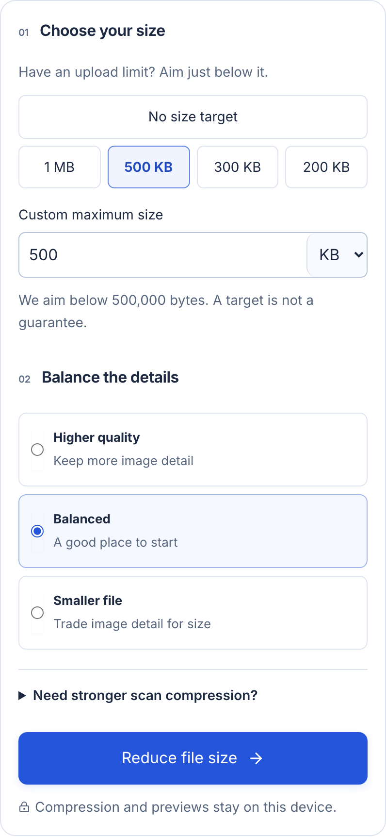 PDF compressor settings showing the selected 500 KB target, Balanced quality and Reduce file size button, marked 1, 2 and 3.