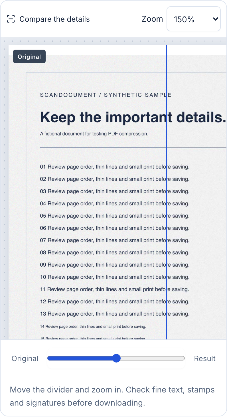 Actual before and after preview of the synthetic document, with 150 percent zoom and the comparison slider marked 1 and 2.