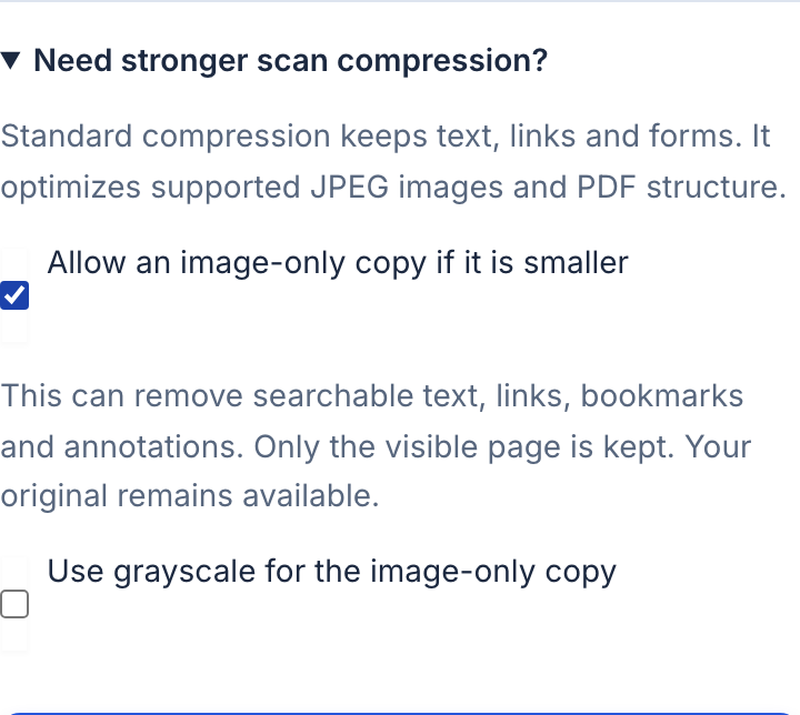 Expanded scan compression options, with permission for an image-only copy selected and the optional grayscale setting unselected, marked 1 and 2.