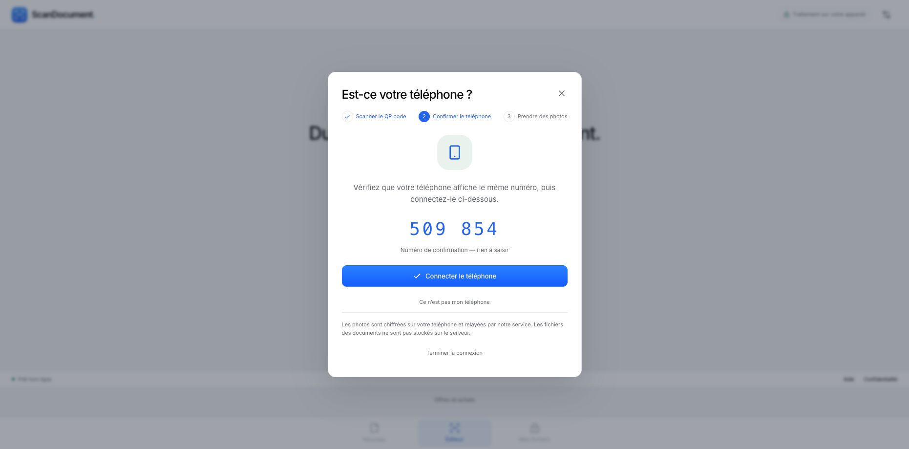 L’ordinateur affiche Est-ce votre téléphone, un numéro de confirmation et Connecter le téléphone