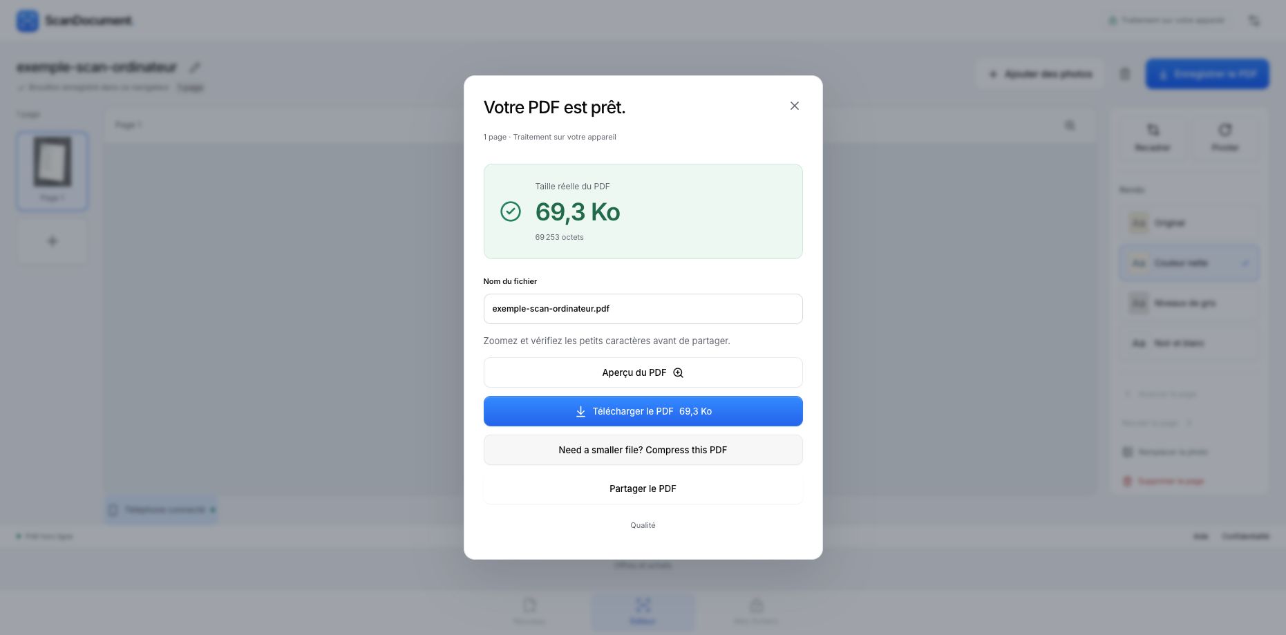 Votre PDF est prêt, avec sa taille réelle, son nom et Télécharger le PDF