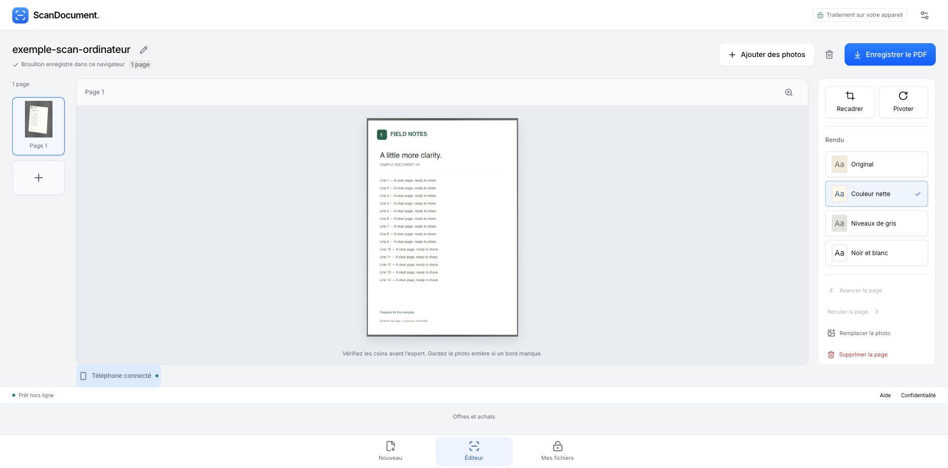 Document exemple reçu dans l’éditeur français avec Couleur nette et Enregistrer le PDF