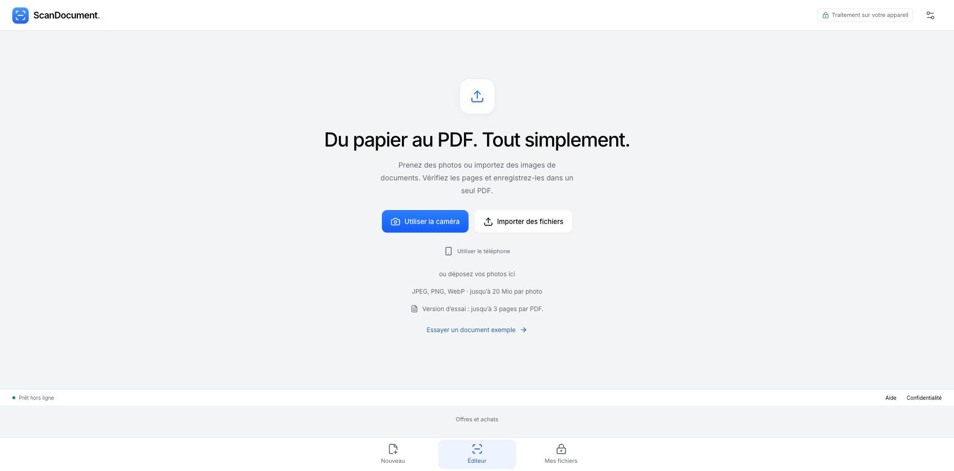 Écran français du scanner avec Utiliser la caméra, Importer des fichiers et Utiliser le téléphone