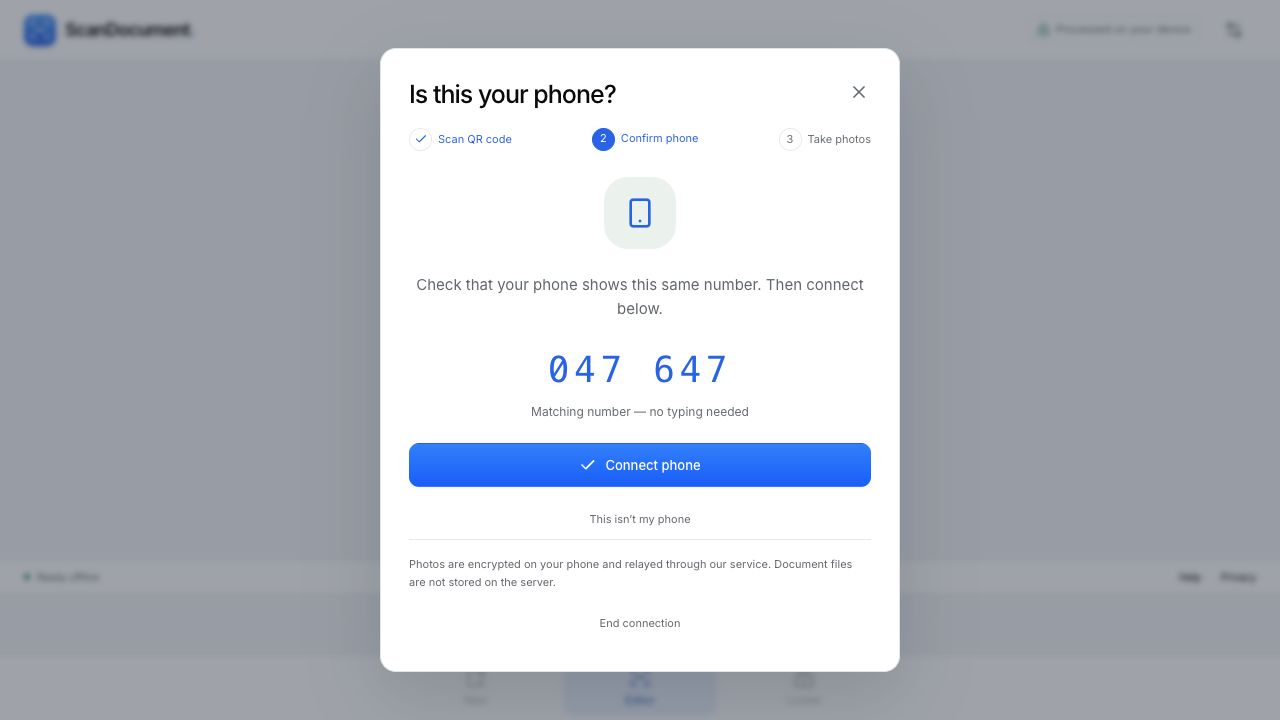 Computer asks Is this your phone and shows a matching number above Connect phone