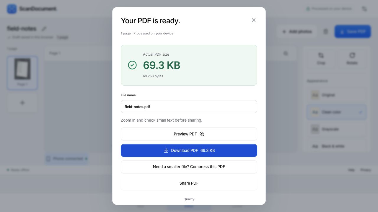 PDF export dialog showing the generated file size and Download PDF link