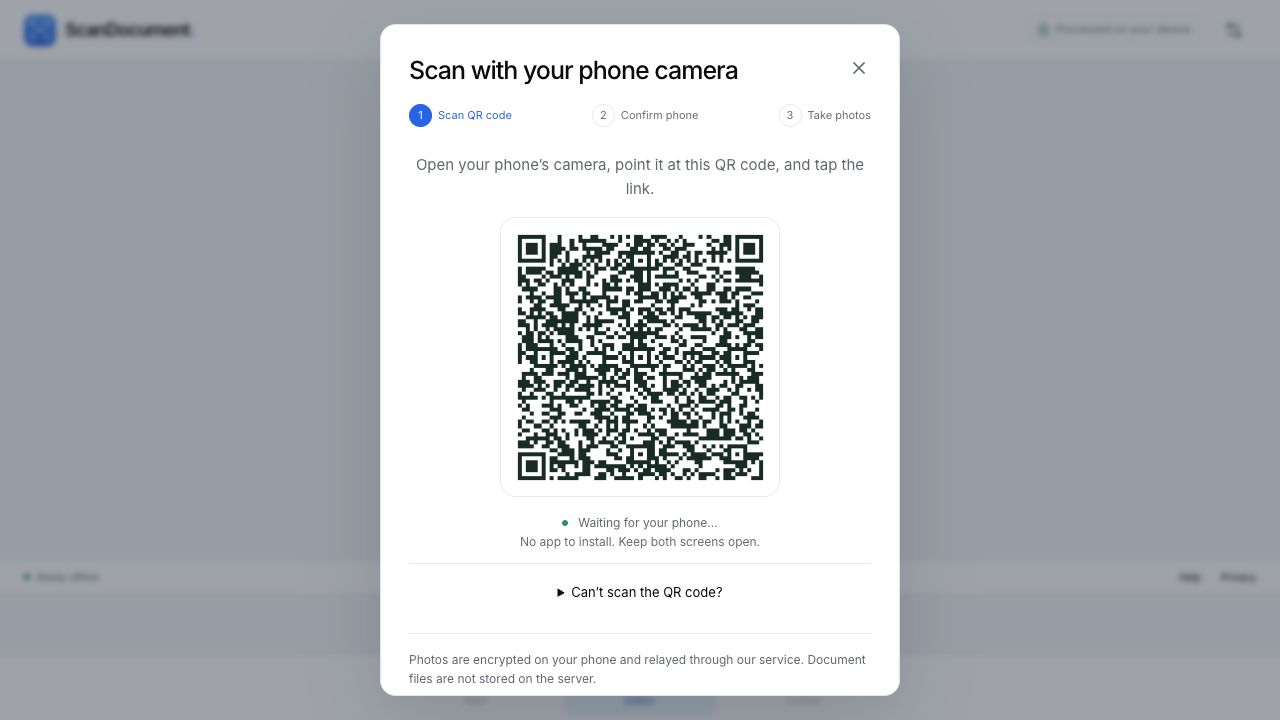 QR connection screen with Scan QR code, Confirm phone and Take photos steps