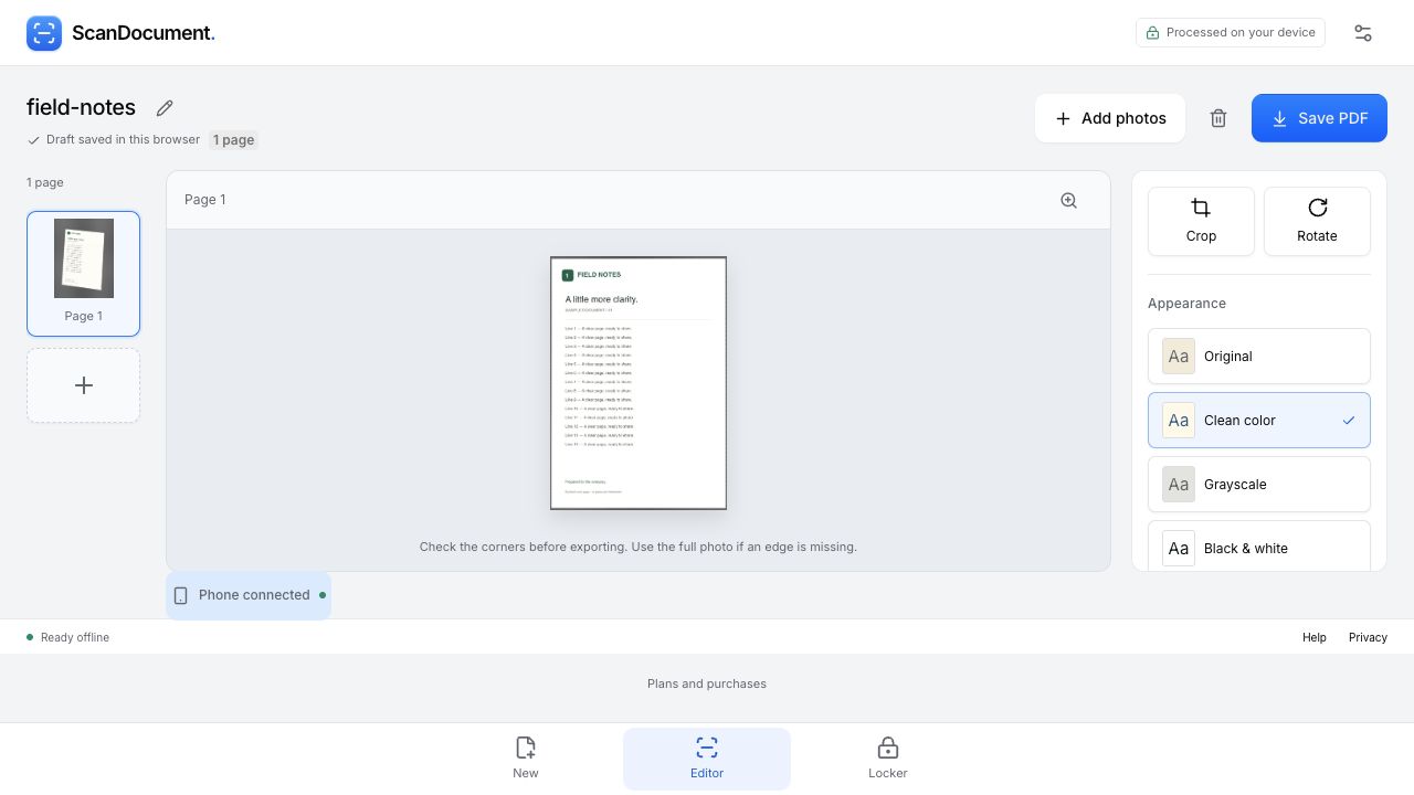 Transferred synthetic document open in the computer editor with Crop and Save PDF controls
