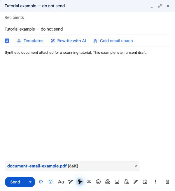 Unsent Gmail draft with no recipient and document-email-example.pdf attached, showing 66K and the paperclip control