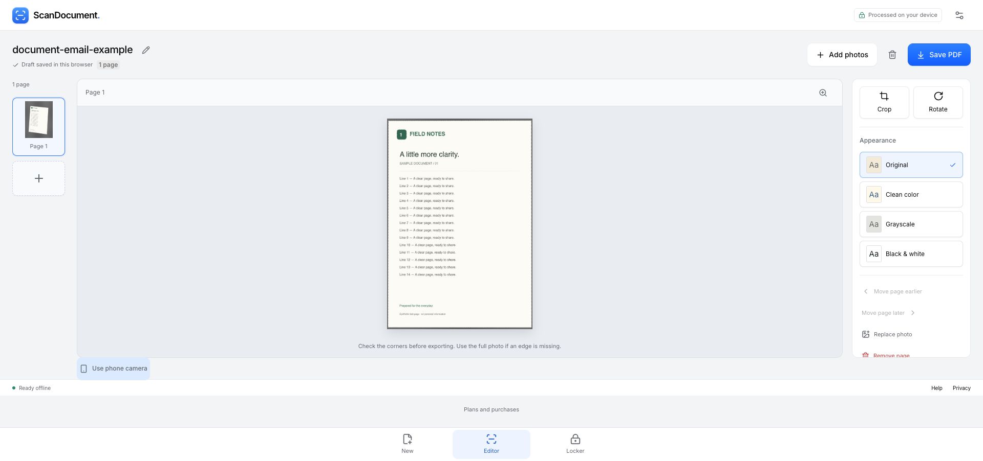 Synthetic page in ScanDocument, named document-email-example, with Crop, Rotate and Save PDF controls