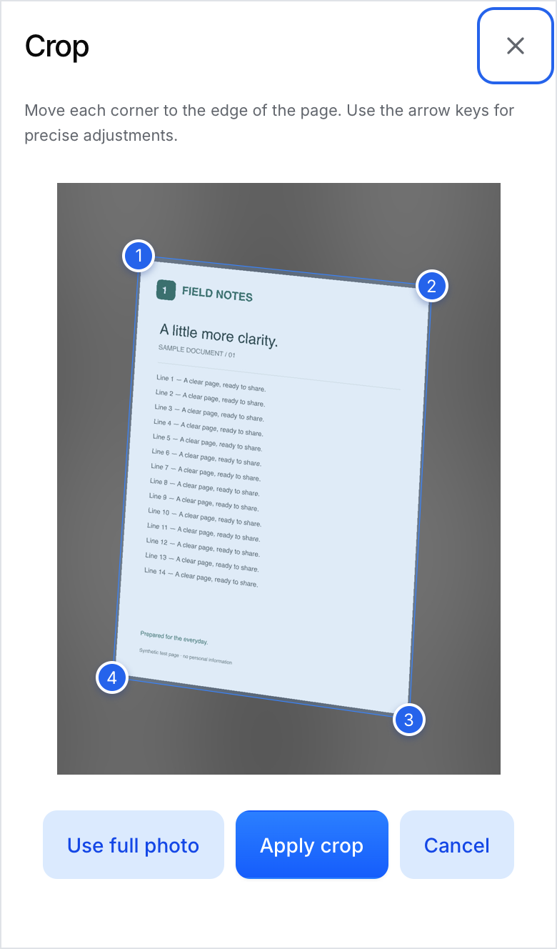 Crop screen showing four page-corner handles, with the top-left handle and Apply crop outlined.