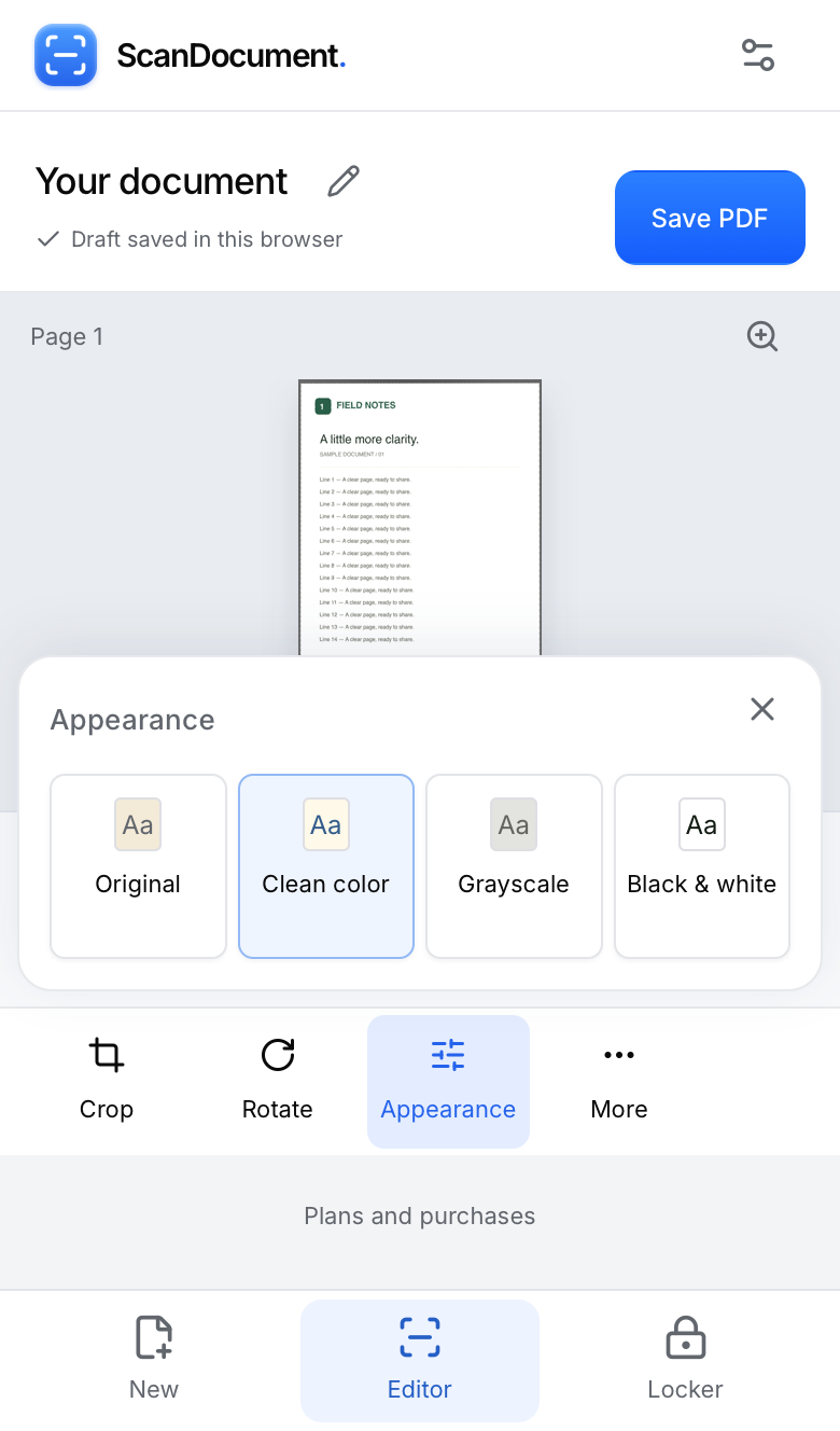 Appearance options with Clean color selected and Save PDF outlined above the document.