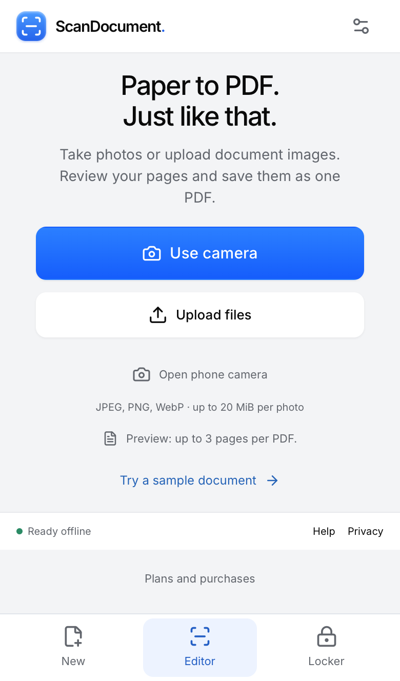 ScanDocument start screen with Upload files outlined.