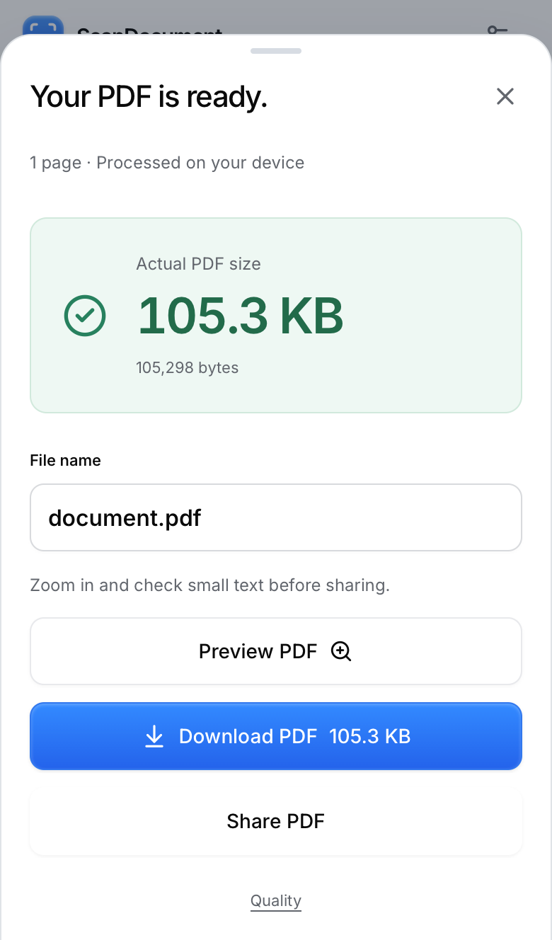 Finished PDF screen with actual file size and Download PDF outlined.