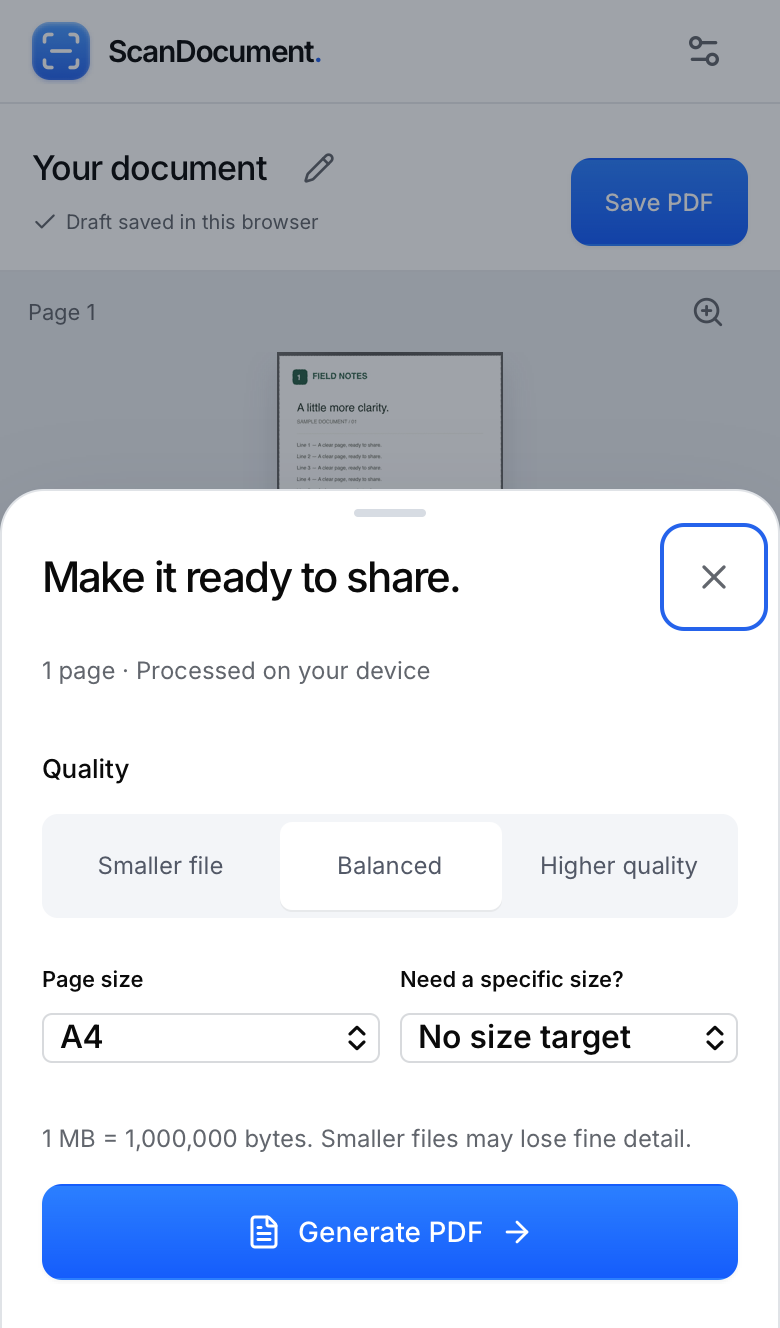 PDF export settings showing Balanced quality and the Generate PDF button outlined.