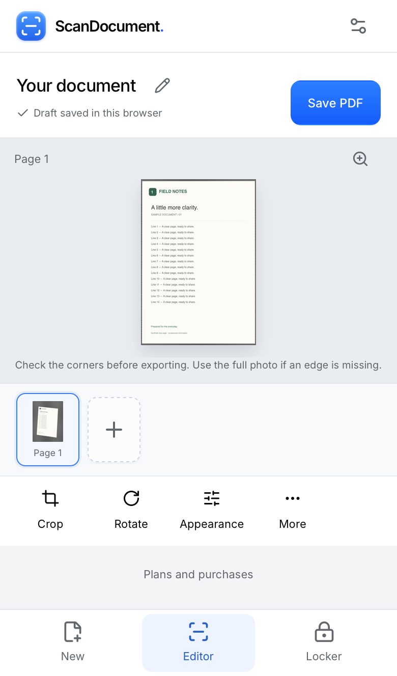 Document editor showing a sample page with the Crop control outlined.